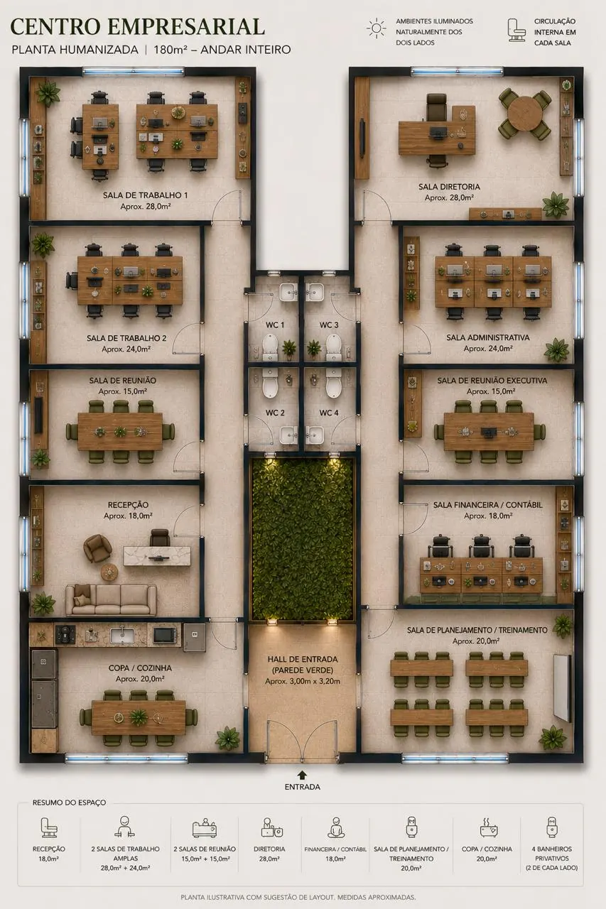 Planta humanizada ilustrativa do conceito Centro Empresarial em 180 m²