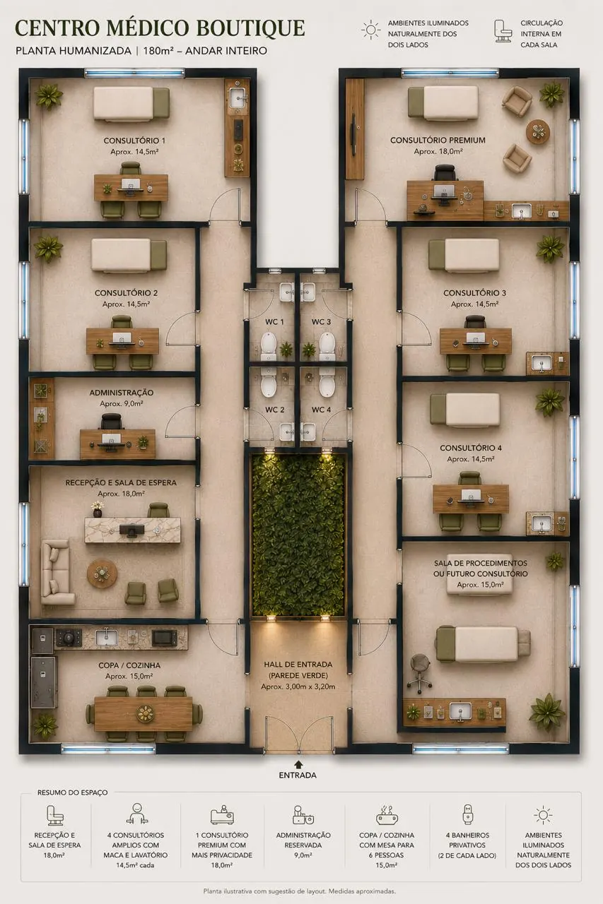 Planta humanizada ilustrativa do conceito Centro Médico Boutique em 180 m²